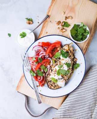 Eggplant dish served on a board